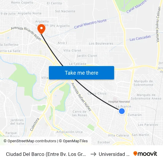 Ciudad Del Barco (Entre Bv. Los Granaderos Y Las Vertientes) to Universidad Blas Pascal map