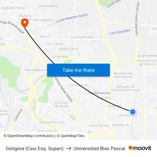 Góngora (Casi Esq. Superi) to Universidad Blas Pascal map