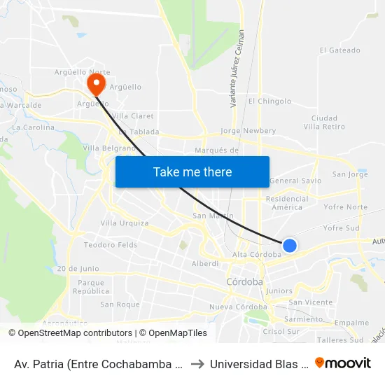 Av. Patria (Entre Cochabamba Y Charcas) to Universidad Blas Pascal map