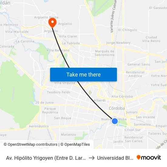 Av. Hipólito Yrigoyen (Entre D. Larañaga E Ituzaingó) to Universidad Blas Pascal map