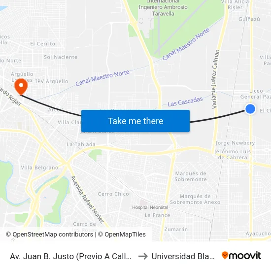 Av. Juan B. Justo (Previo A Calle El Chingolo) to Universidad Blas Pascal map