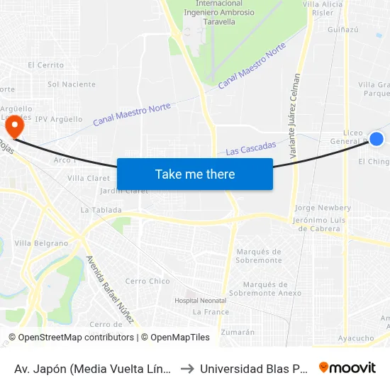 Av. Japón (Media Vuelta Línea 36) to Universidad Blas Pascal map