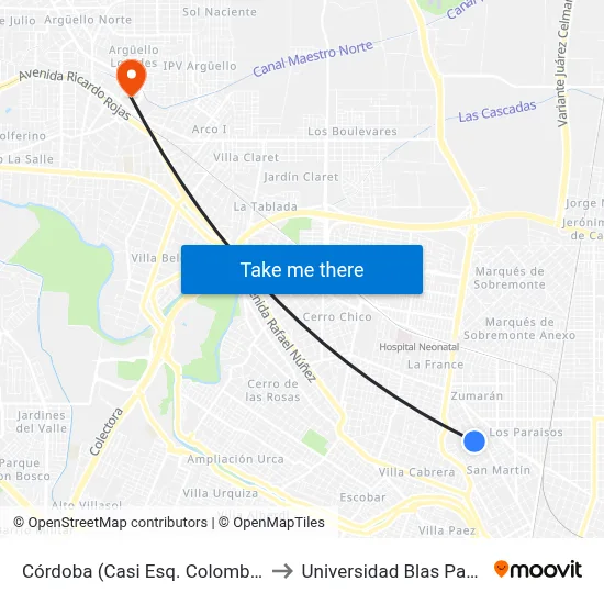 Córdoba (Casi Esq. Colombres) to Universidad Blas Pascal map