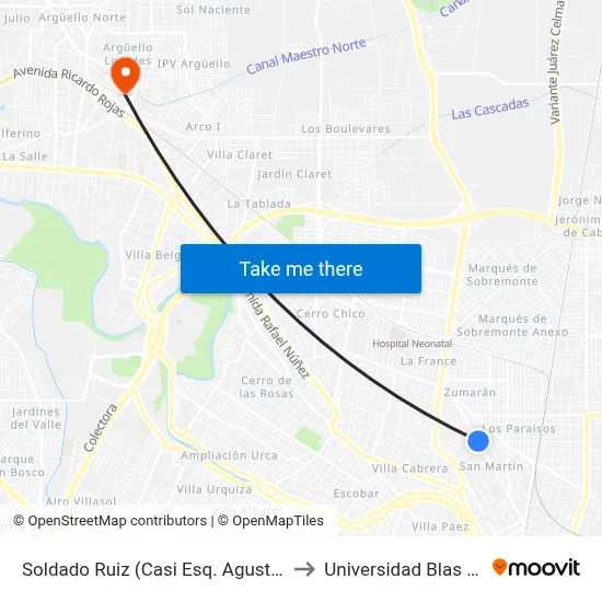 Soldado Ruiz (Casi Esq. Agustín Patiño) to Universidad Blas Pascal map
