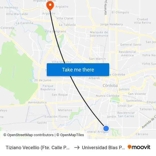 Tiziano Vecellio (Fte. Calle Perugino) to Universidad Blas Pascal map