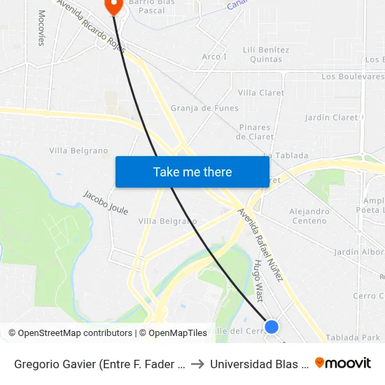 Gregorio Gavier (Entre F. Fader Y H. Wast) to Universidad Blas Pascal map