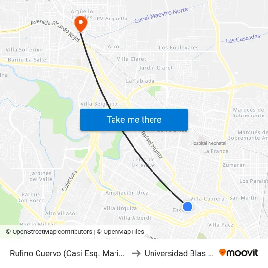 Rufino Cuervo (Casi Esq. Mariana Larra) to Universidad Blas Pascal map