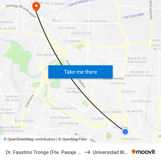 Dr. Faustino Tronge (Fte. Pasaje Augusto Ballerini) to Universidad Blas Pascal map