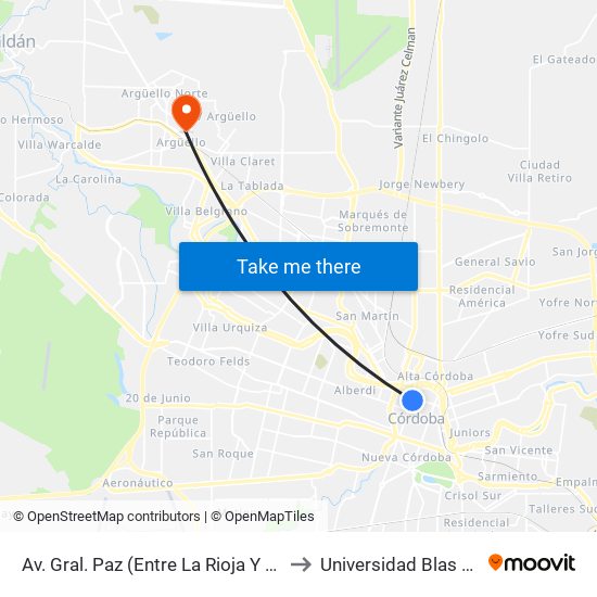 Av. Gral. Paz (Entre La Rioja Y H. Primo) to Universidad Blas Pascal map