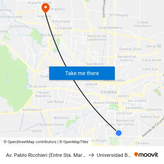Av. Pablo Ricchieri (Entre Sta. María Y J. De Las Casas) to Universidad Blas Pascal map