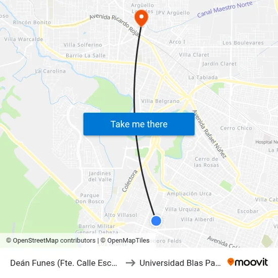 Deán Funes (Fte. Calle Escobar) to Universidad Blas Pascal map