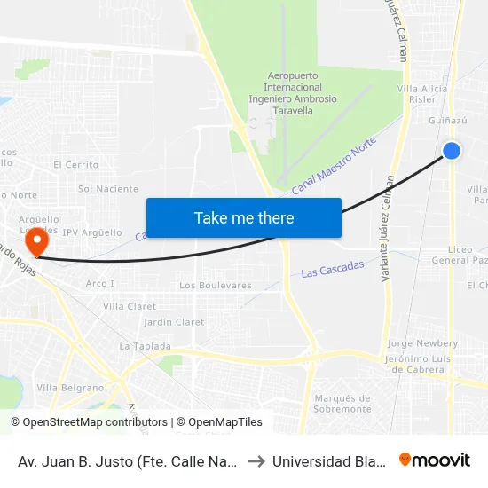 Av. Juan B. Justo (Fte. Calle Nazareno Bordi) to Universidad Blas Pascal map