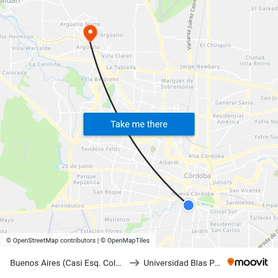 Buenos Aires (Casi Esq. Colombia) to Universidad Blas Pascal map