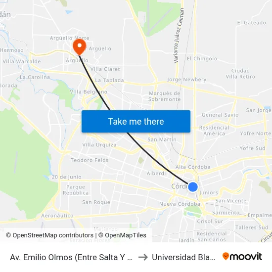 Av. Emilio Olmos (Entre Salta Y S. Del Estero) to Universidad Blas Pascal map