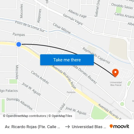 Av. Ricardo Rojas (Fte. Calle Mocovíes) to Universidad Blas Pascal map