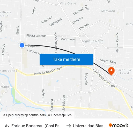 Av. Enrique Bodereau (Casi Esq. Coquena) to Universidad Blas Pascal map