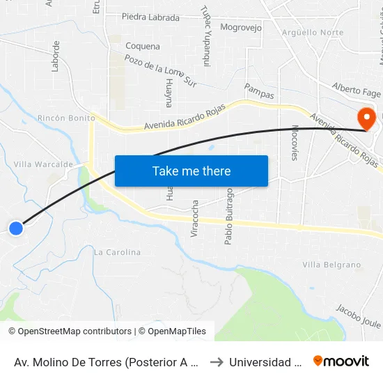Av. Molino De Torres (Posterior A Etda. Country El Bosque) to Universidad Blas Pascal map