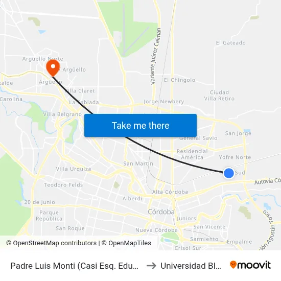 Padre Luis Monti (Casi Esq. Eduardo San Martín) to Universidad Blas Pascal map