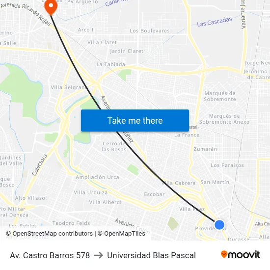 Av. Castro Barros 578 to Universidad Blas Pascal map