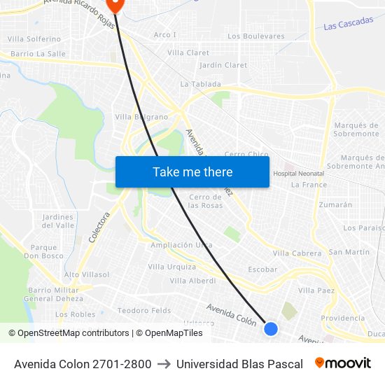 Avenida Colon 2701-2800 to Universidad Blas Pascal map