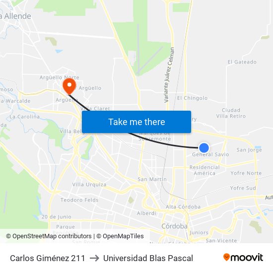 Carlos Giménez 211 to Universidad Blas Pascal map