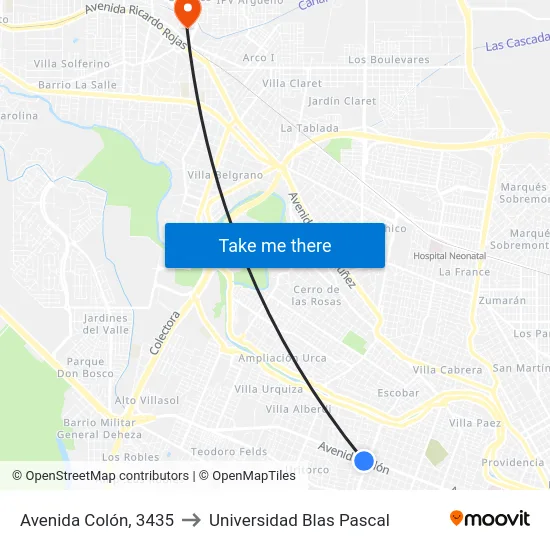 Avenida Colón, 3435 to Universidad Blas Pascal map