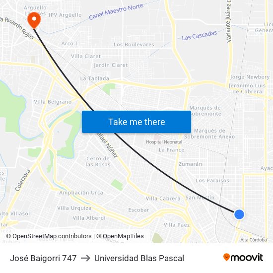 José Baigorri 747 to Universidad Blas Pascal map