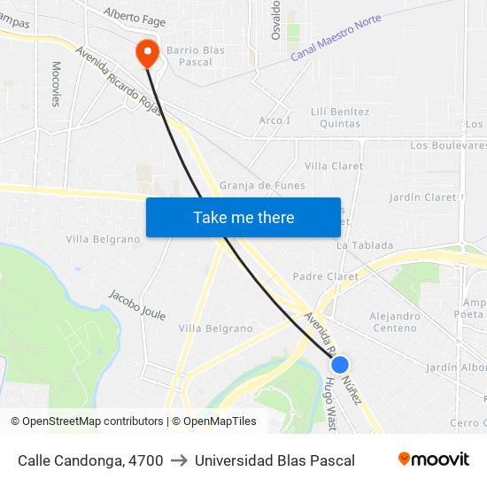 Calle Candonga, 4700 to Universidad Blas Pascal map