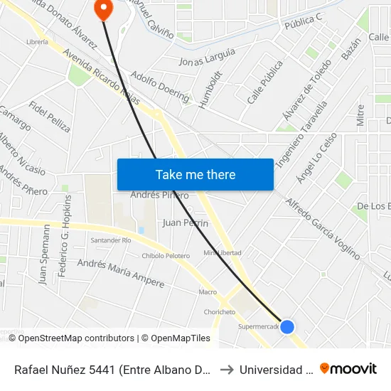 Rafael Nuñez 5441 (Entre Albano De Laberge Y Parmenio Ferrer) to Universidad Blas Pascal map