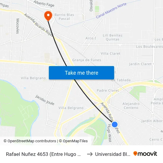 Rafael Nuñez 4653 (Entre Hugo Wast Y Felix Garzon) to Universidad Blas Pascal map