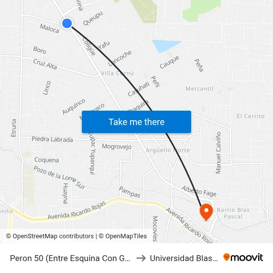 Peron 50 (Entre Esquina Con Goycoechea) to Universidad Blas Pascal map