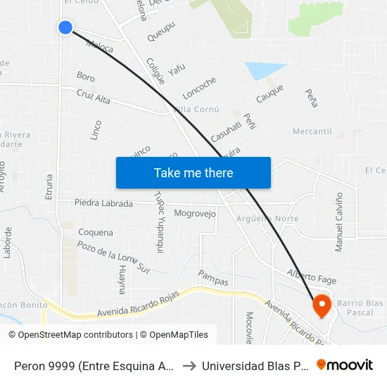 Peron 9999 (Entre Esquina Auzzani) to Universidad Blas Pascal map
