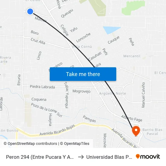 Peron 294 (Entre Pucara Y Auzzani) to Universidad Blas Pascal map