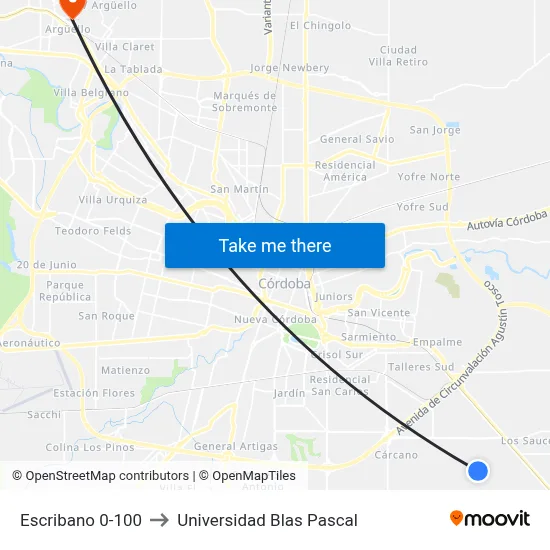Escribano 0-100 to Universidad Blas Pascal map