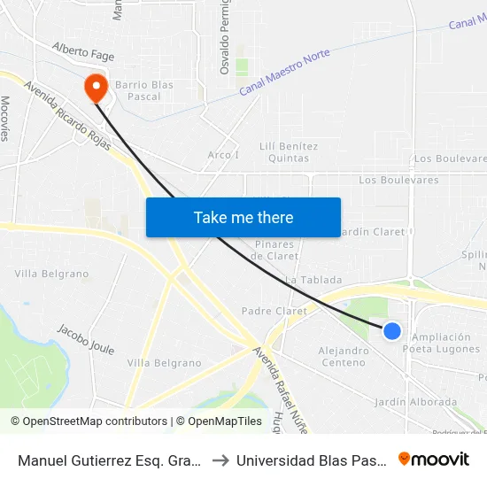 Manuel Gutierrez Esq. Grandi to Universidad Blas Pascal map