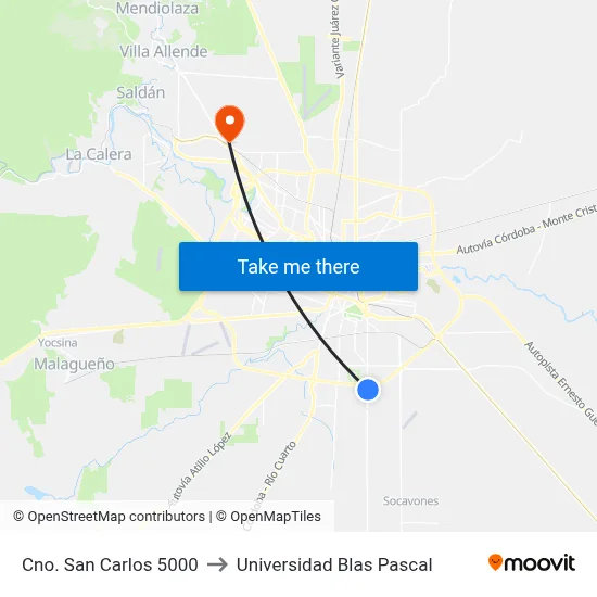Cno. San Carlos 5000 to Universidad Blas Pascal map