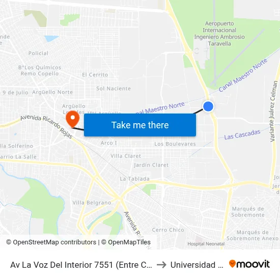 Av La Voz Del Interior 7551 (Entre Costa Canal Y Av Del Japon) to Universidad Blas Pascal map