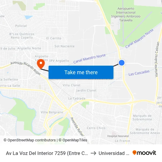 Av La Voz Del Interior 7259 (Entre Costa Canal Y Av Del Japon) to Universidad Blas Pascal map