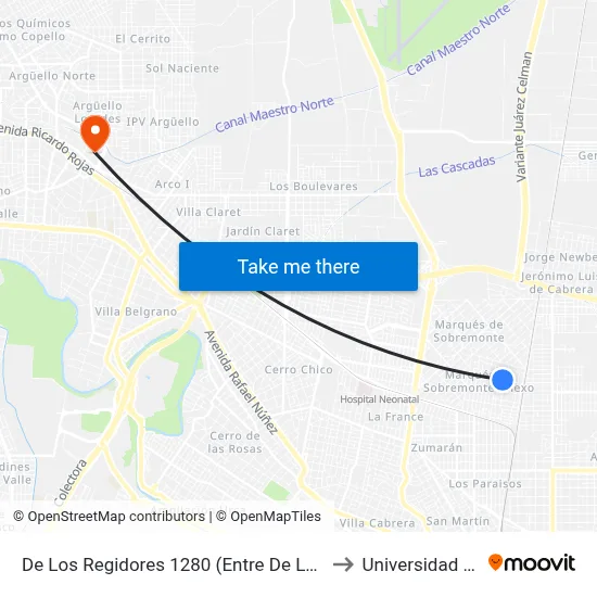 De Los Regidores 1280 (Entre De La Recova Y Del Acueducto) to Universidad Blas Pascal map