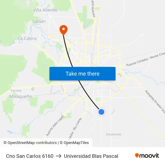 Cno San Carlos 6160 to Universidad Blas Pascal map