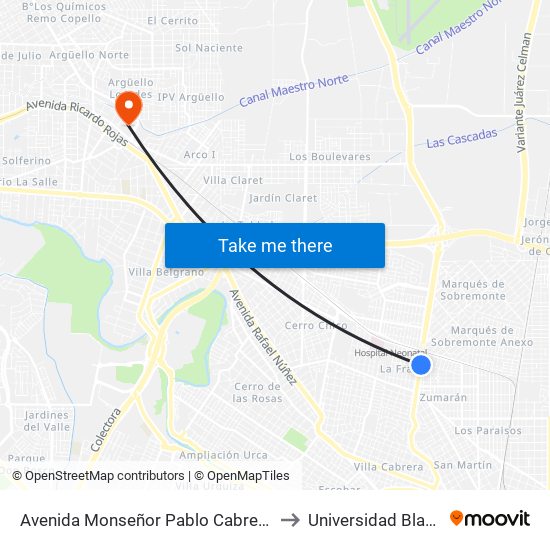 Avenida Monseñor Pablo Cabrera 3502-3601 to Universidad Blas Pascal map