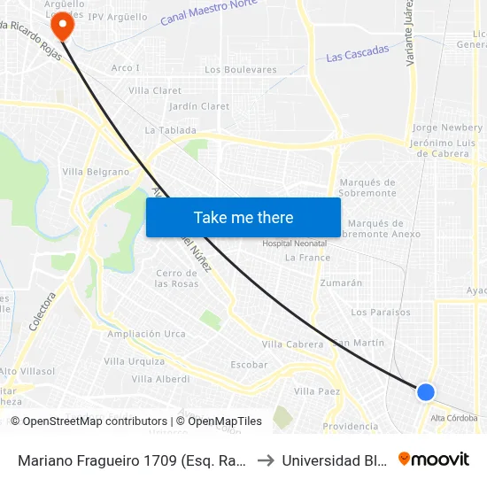 Mariano Fragueiro 1709 (Esq. Ramirez De Arellano) to Universidad Blas Pascal map