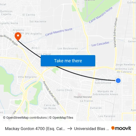 Mackay Gordon 4700 (Esq. Calle Publica) to Universidad Blas Pascal map