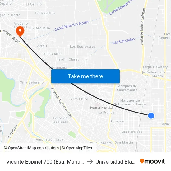 Vicente Espinel 700 (Esq. Mariano Fragueiro) to Universidad Blas Pascal map