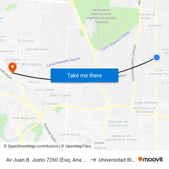 Av Juan B. Justo 7260 (Esq. Ana Riglos De Yrigoyen) to Universidad Blas Pascal map