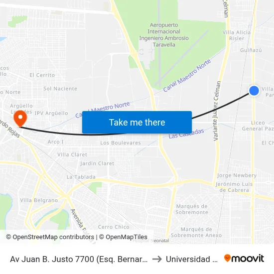 Av Juan B. Justo 7700 (Esq. Bernardino Lopez (Fte. Escuela)) to Universidad Blas Pascal map