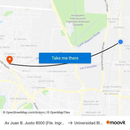 Av Juan B. Justo 8000 (Fte. Ingreso Villa Grande) to Universidad Blas Pascal map