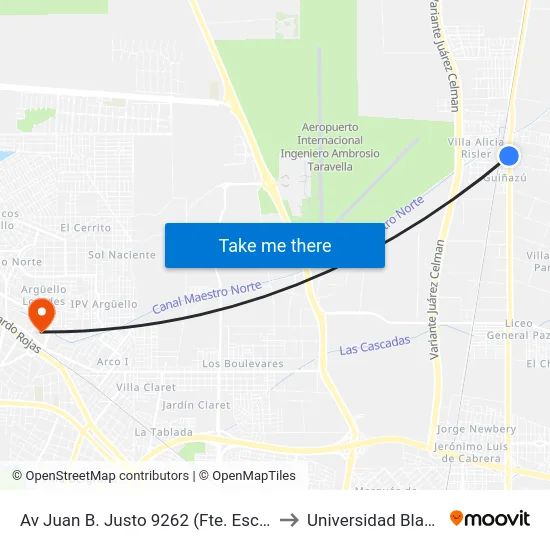 Av Juan B. Justo 9262 (Fte. Escuela Unesco) to Universidad Blas Pascal map