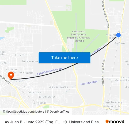 Av Juan B. Justo 9922 (Esq. El Pegual.) to Universidad Blas Pascal map
