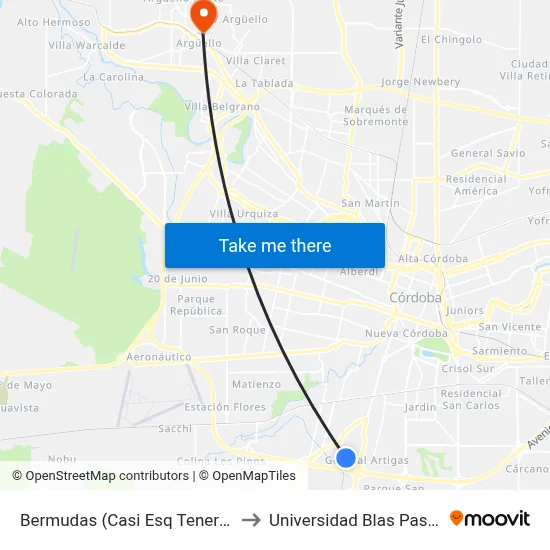 Bermudas (Casi Esq Tenerife) to Universidad Blas Pascal map